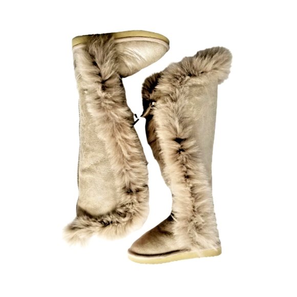 MOU Tall Winter Boots Stone Metallic Sheepskin Fur Trim Lace Up Sz 36 XS US 5 - Picture 3 of 13